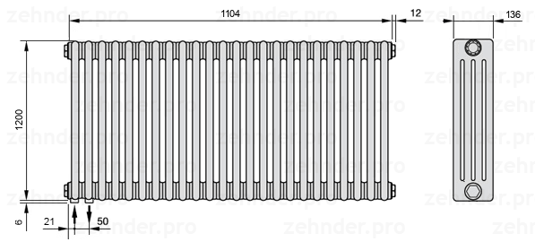 Схема (чертеж) Радиатор Zehnder Charleston 4120/24 №3370 Белый глянцевый RAL 9016